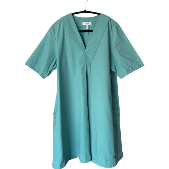 COS 100% Cotton Poplin Green V-Neck Dress with Pockets Size 12 - Picture 2 of 8